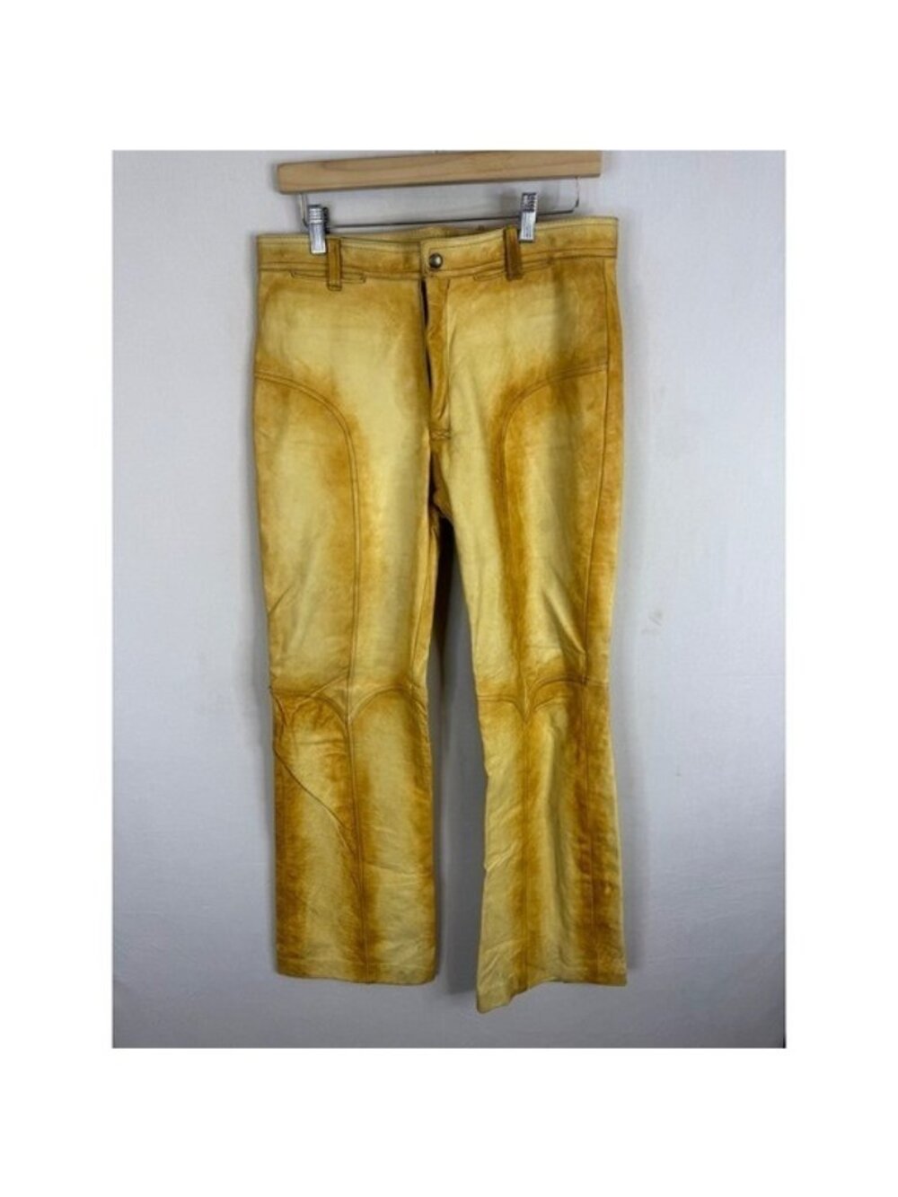 Vintage The Leather Ranch Yellow Distressed Leather Western Pants Mens 34X34